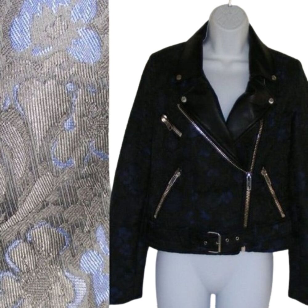 new ABS Motorcycle Jacket, S Jacquard Black, Blue Floral, Zippers, Belted